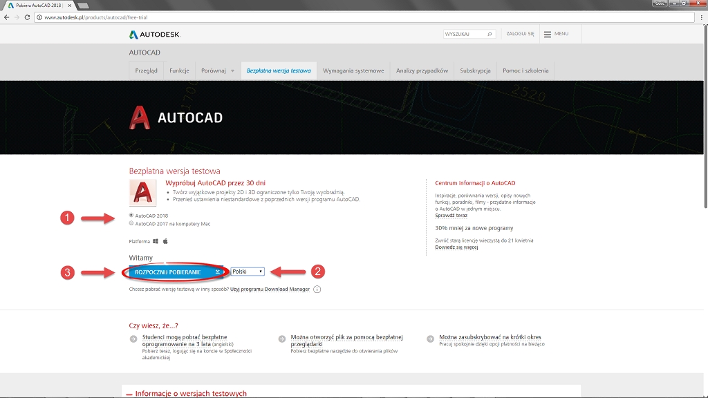 Jak pobrać AutoCAD - Bezpłatna wersja testowa. Źródło: www.autodesk.pl